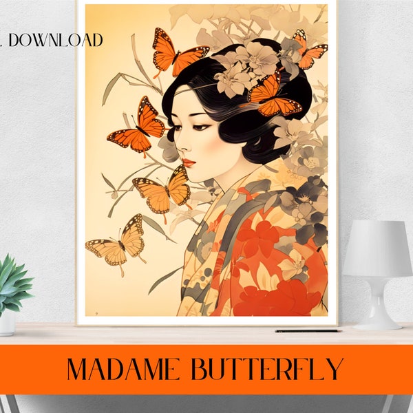 Printable Wall Art "Madame Butterfly", Home Wall Art, Opera, Butterfly Print, Art Deco, Vintage Nostalgic Art Print, Japanese Decor