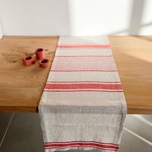 Pode incluir: Um corredor de mesa de linho com listras vermelhas e brancas sobre uma mesa de madeira. O corredor de mesa tem aproximadamente 46 cm de largura e 183 cm de comprimento.