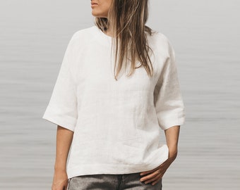 Washed linen top in stylish cream white/Loose linen blouse/3/4 sleeve linen top/relaxed fit linen top/soft linen tee/free shipping