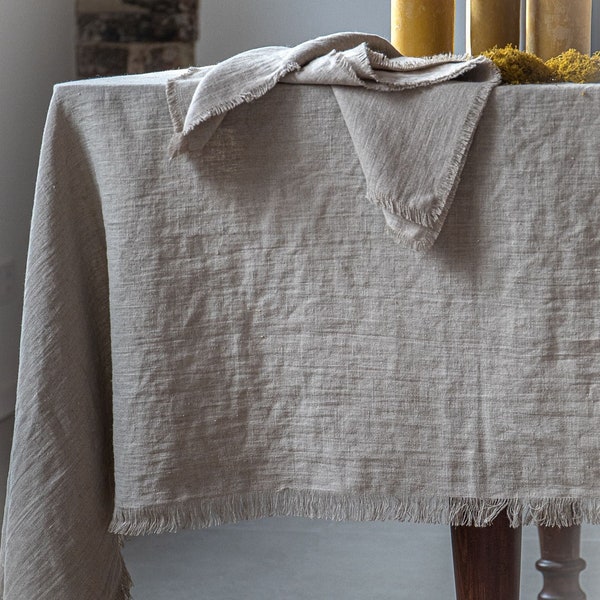 Raw edge washed linen tablecloth in natural with fringes/stylish grain sack linen tablecloth/linen farm style tablecloth/free shipping