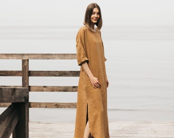 Loose linen dress DUNE in cinnamon/long linen dress/Maxi Linen dress/Long sleeve linen dress/oversized linen dress in cinnamon/free shipping