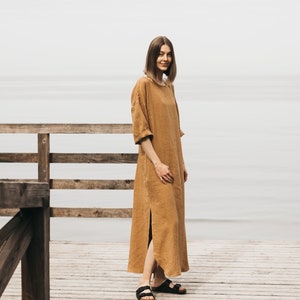 Loose linen dress DUNE in cinnamon/long linen dress/Maxi Linen dress/Long sleeve linen dress/oversized linen dress in cinnamon/free shipping image 1