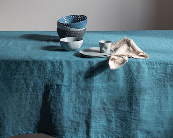 Nappe en lin lavé à la pierre en nappe en lin adouci turquoise poussiéreux/bleu marine/Nappe de dîner en denim de lin/livraison gratuite