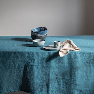 Stonewashed linen tablecloth in dusty turquoise/marine blue softened linen tablecloth/Dinner Tablecloth in linen denim/free shipping