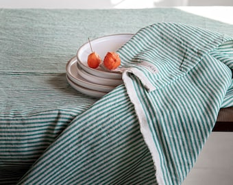 Striped Linen Tablecloth in different colors/raw edge striped softened linen tablecloths/Dinner Tablecloth/Free shipping