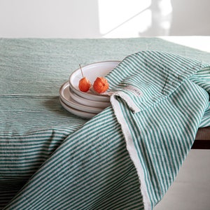Striped Linen Tablecloth in different colors/raw edge striped softened linen tablecloths/Dinner Tablecloth/Free shipping