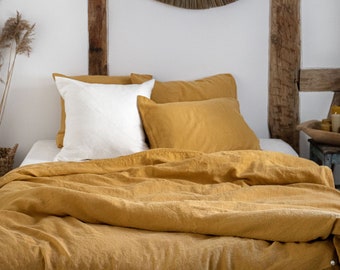 Dusty yellow linen duvet cover with ties/Stonewashed linen bedding/linen duvet custom size mustard yellow