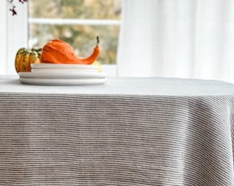 Washed Linen Tablecloth in faded blue/natural stripes/tablecloth with frayed edges/EXPRESS SHIPPING