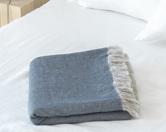 Rustic linen bed throw in dusty blue/grain sack blanket/heavyweight linen bed blanket/linen bed scarf