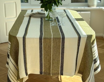 Stonewashed linen tablecloth in olive green,blue and brick red stripes/EXPRESS SHIPPING