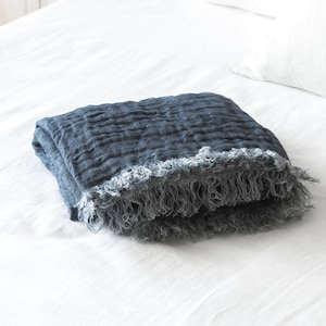 Softened linen throw blanket with fringes in denim blue/double sided linen bed runner/Soft linen stonewashed bedspread