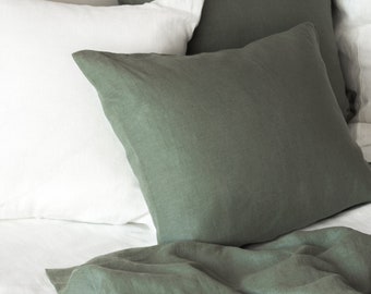 Linen pillow case in forest green with envelope closure/washed linen pillow cases in dusty green/custom size pillow shams