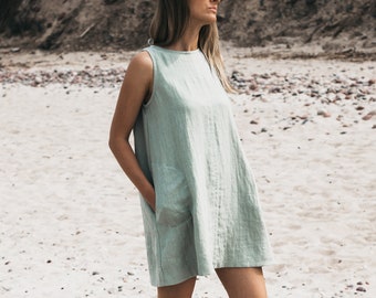 Loose linen dress MINT/Midi linen dress in light sage/high round neck Linen dress/sleeveless linen dress/linen dress in mint/free shipping