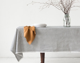 Striped washed Linen Tablecloth in black stripes/striped softened linen tablecloth with raw edges/Dinner Tablecloth/Free shipping