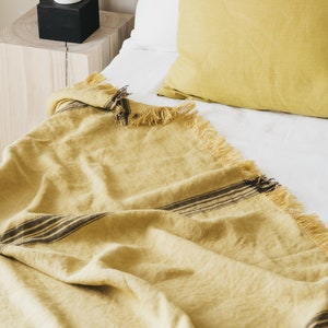 Rustic Linen Bed Throw in Dusty Yellow and Brown Stripes/grain Sack ...