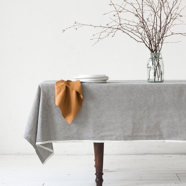 Striped washed Linen Tablecloth in black stripes/striped softened linen tablecloth with raw edges/Dinner Tablecloth/Free shipping