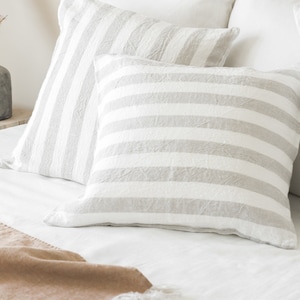 Stonewashed linen throw pillow case in sand/white stripes/softened striped linen pillow sham/decorative pillow cover
