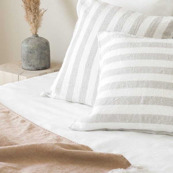 Stonewashed linen throw pillow case in sand/white stripes/softened striped linen pillow sham/decorative pillow cover