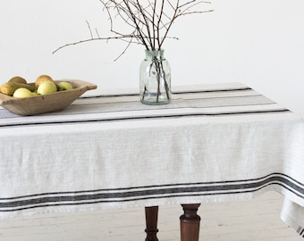 Rustic natural softened linen tablecloth in black stripes/grain sack heavyweight linen tablecloth/linen farm style tablecloth/free shipping