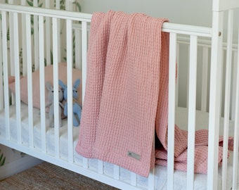 Waffle linen baby blanket in stylish woodrose/soft and absorbant linen thorw/newborn deep hems linen blanket/FREE SHIPPING