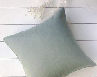 Softened linen pillow cases in dusty mint/Linen throw pillows in light sage/decorative cases