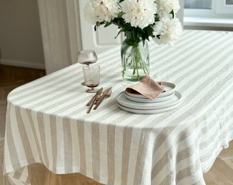 Washed Heavyweight Linen Tablecloth in natural/ off white thick stripes/EXPRESS SHIPPING