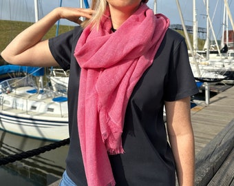 Soft linen scarf in fuchsia pink, handmade linen shawl/unisex long linen wrap/Fringed linen shawl/free shipping