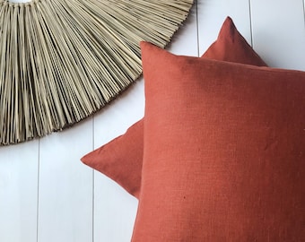 Set of 2, 4, 6 Softened linen pillow cases in earthy red ochre/Linen throw pillows in terracotta/decorative cases/free shipping