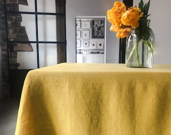 Stonewashed linen tablecloth in dusty yellow /softened linen tablecloth/Dinner Tablecloth in mustard yellow/free express shipping