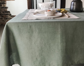 Stonewashed linen tablecloth in forest green/dark green softened linen tablecloth/Dinner Tablecloth in dusty green/free shipping