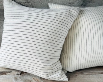 Off white stonewashed linen throw pillow case in minimalistic black pinstripes/Striped linen throw pillow cover