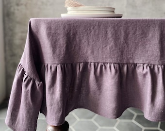 Washed soft linen tablecloth with ruffles in various colors/Festive tablecloth/Special occasion dinner tablecloth/free express shipping