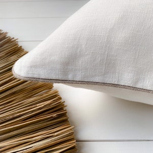 Set of 2 off white washed linen pillow cases with contrast edge in natural linen/ soft white cushion covers with piped edge/free shipping