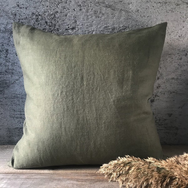 Stonewashed linen pillow cases in stylish forest green/Softened linen throw pillows in dark green/decorative pillow cases