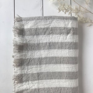 Soft Linen beach towel in thick beige white stripes/stonewashed linen Beach towel in stripes/Beach Scarf/free shipping