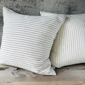 Set of 2,4, 6 Off white stonewashed linen throw pillow cases in minimalistic black pinstripes/Striped linen throw pillow cover/free shipping