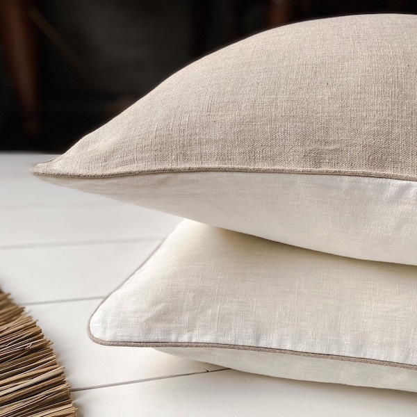 Set of 2 double sided washed linen pillow cases with contrast edge/off white/natural linen cushion covers with piped edge/free shipping