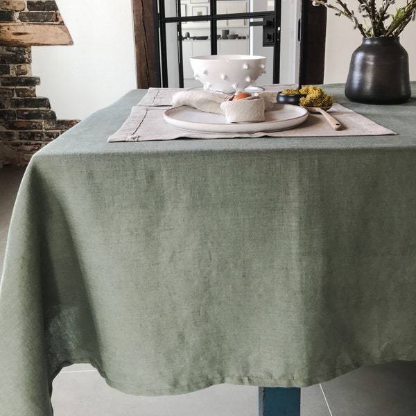 Stonewashed linen tablecloth in forest green/dark green softened linen tablecloth/Dinner Tablecloth in dusty green/free shipping
