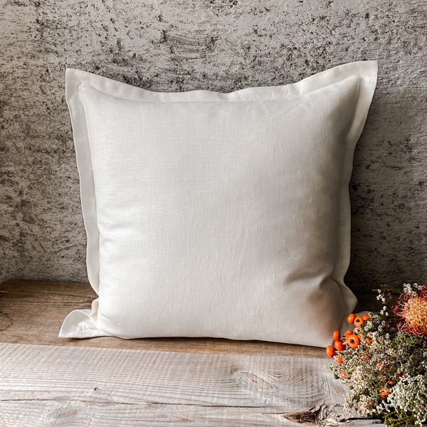 Set of 2, 4 and 6 flanged washed linen pillow cases in off white/Linen cushion covers with hidden zipper/milk white decorative pillow cases