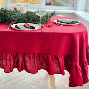 Gewassen zacht linnen tafelkleed met ruches in robijnrood/feestelijk tafelkleed/tafelkleed voor speciale gelegenheden/gratis expresverzending