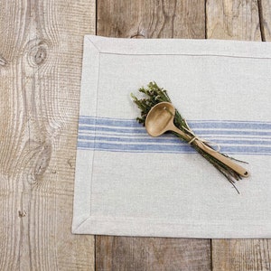 Set of 2,4,6,8,10 Rustic Linen placemats with blue stripe/heavyweight placemats with mitered corners/grainsack linen placemat