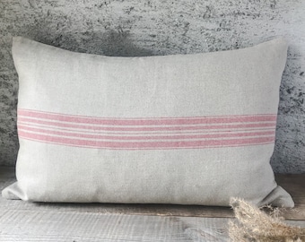 Rustic linen pillow case/Linen throw pillow cover/striped in red decorative pillow case/grain sack pillowcase/free shipping