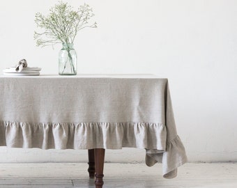 Washed soft natural linen heavyweight tablecloth with ruffles/Linen tablecloth in gray brownish/Dinner tablecloth/free shipping