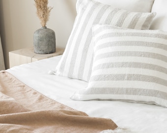 Stonewashed linen throw pillow case in sand/white stripes/softened striped linen pillow sham/decorative pillow cover