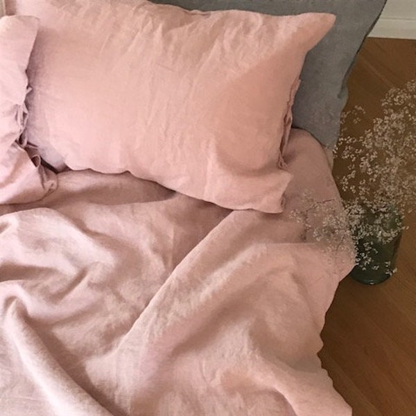 Wood rose linen duvet/stonewashed linen bedding/luxurious washed linen duvet in dusty pink/duvet with linen ties