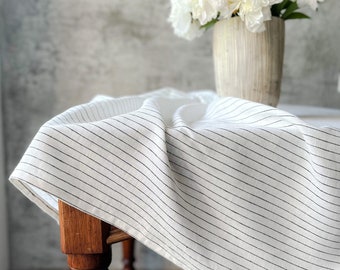 Stonewashed linen tablecloth in off white with minimalistic black pinstripes/ Striped washed linen Dinner Tablecloth/free shipping