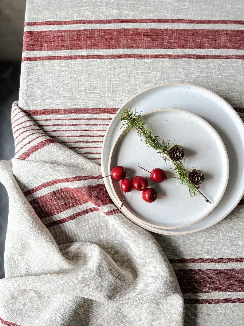 Rustic natural linen tablecloth in blue, black, green and red stripes/grain sack linen tablecloth/linen farm style tablecloth/free shipping image 3