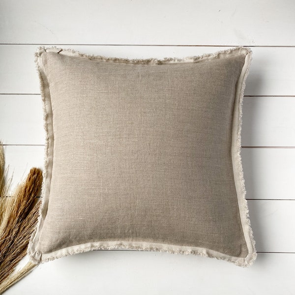 Washed linen pillow case with natural linen fringe in various colors/cushion cover with fringed edge/decorative linen sham/free shipping