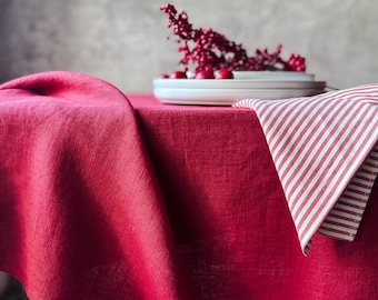 Stonewashed Red linen tablecloth /Ruby red softened linen tablecloth/Valentine's Day dinner Tablecloth/free shipping