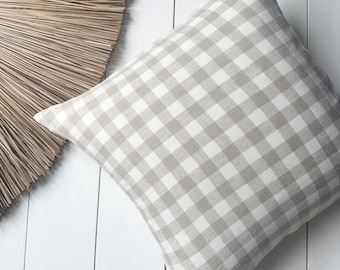 Set of 2, 4 and 6 linen throw pillow cases in beige Gingham /farmhouse cushion covers in off white/beige checked pillow cases